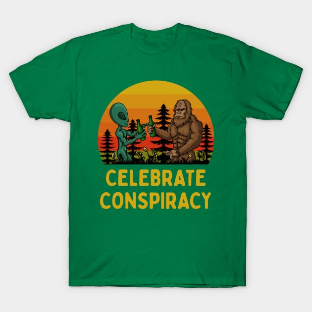 Celebrate Conspiracy: Bigfoot and Alien Drinking Beers Together T-Shirt by TwistedCharm